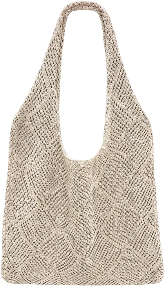 SUOSDEY Crochet Beach Tote Bag for Women, Aesthetic Mesh Shoulder Bag, Summer Boho Checkered Handbag
